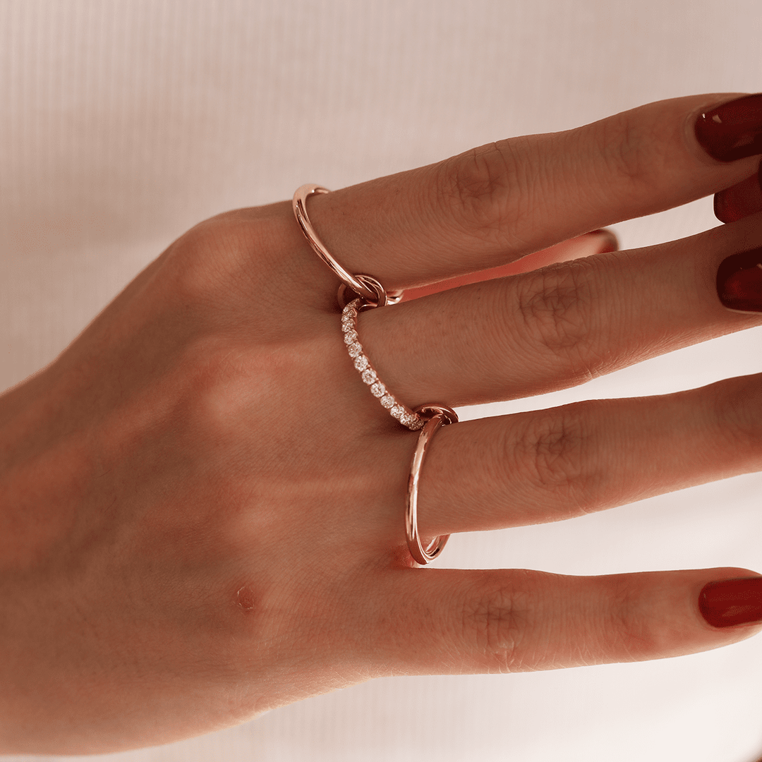 18K Yellow Gold Triple Link Stacking Ring with Round Lab Diamond Pave - FIORESE JEWELRY