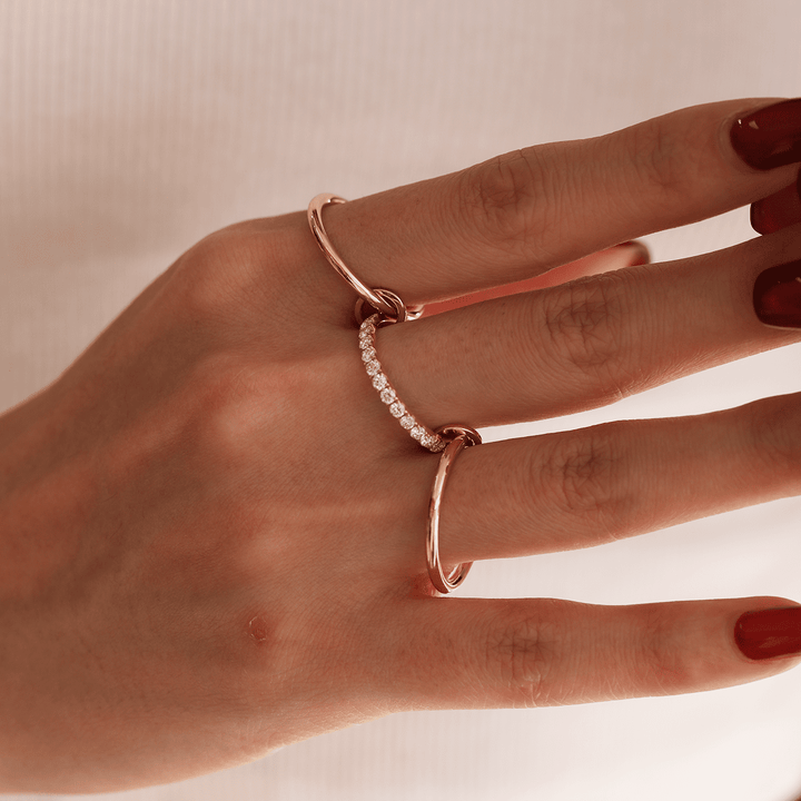 18K Yellow Gold Triple Link Stacking Ring with Round Lab Diamond Pave - FIORESE JEWELRY