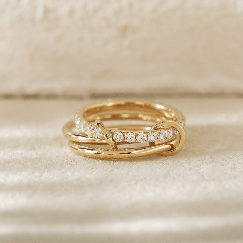 18K Yellow Gold Triple Link Stacking Ring with Round Lab Diamond Pave - FIORESE JEWELRY
