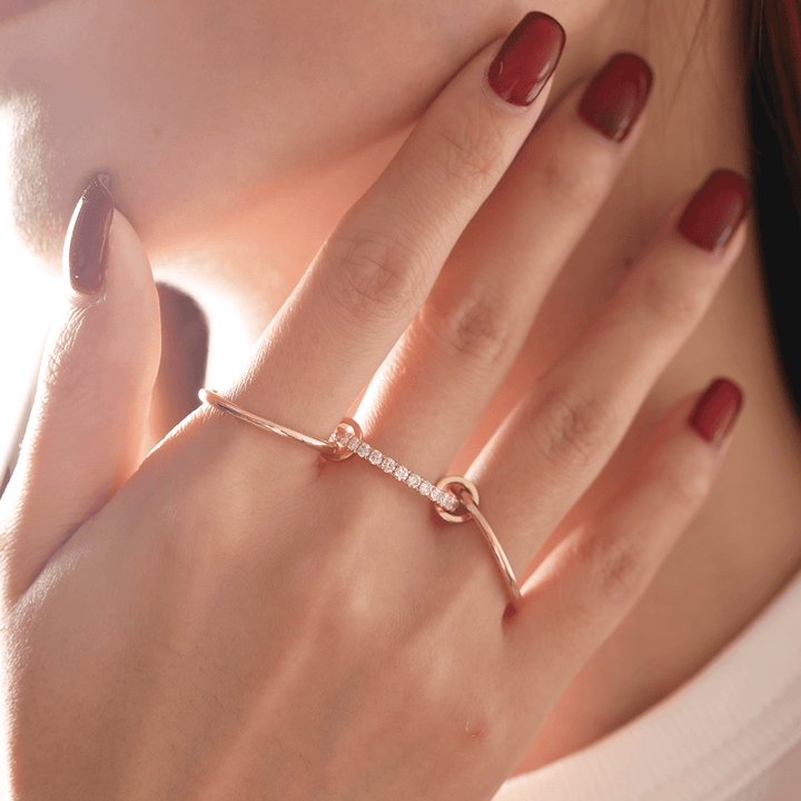18K Yellow Gold Triple Link Stacking Ring with Round Lab Diamond Pave - FIORESE JEWELRY