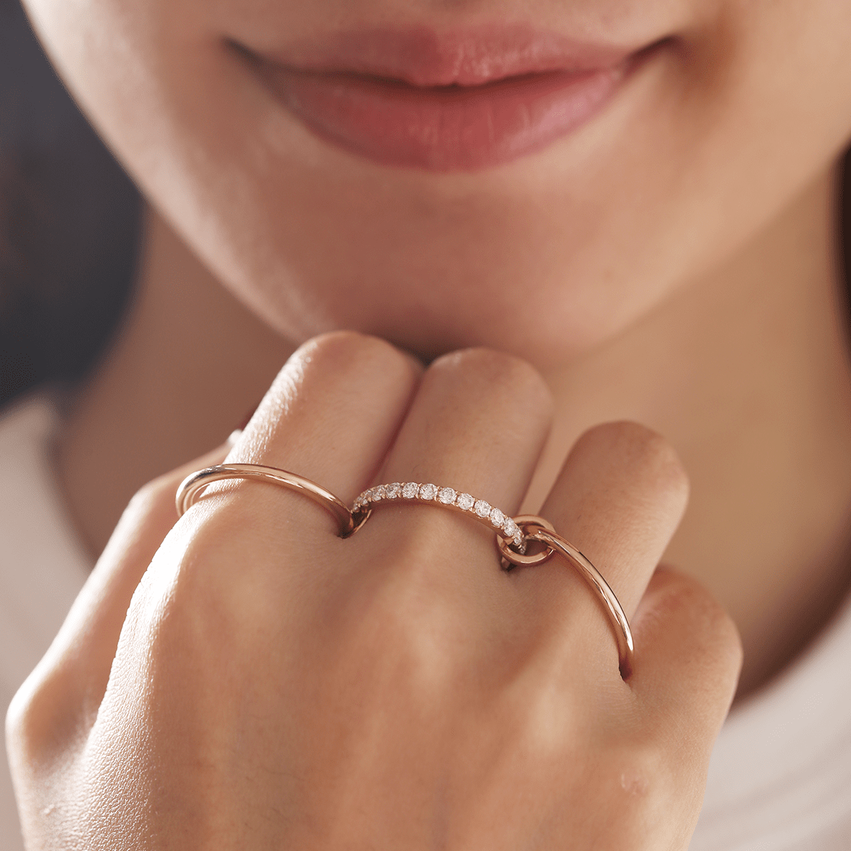 18K Yellow Gold Triple Link Stacking Ring with Round Lab Diamond Pave