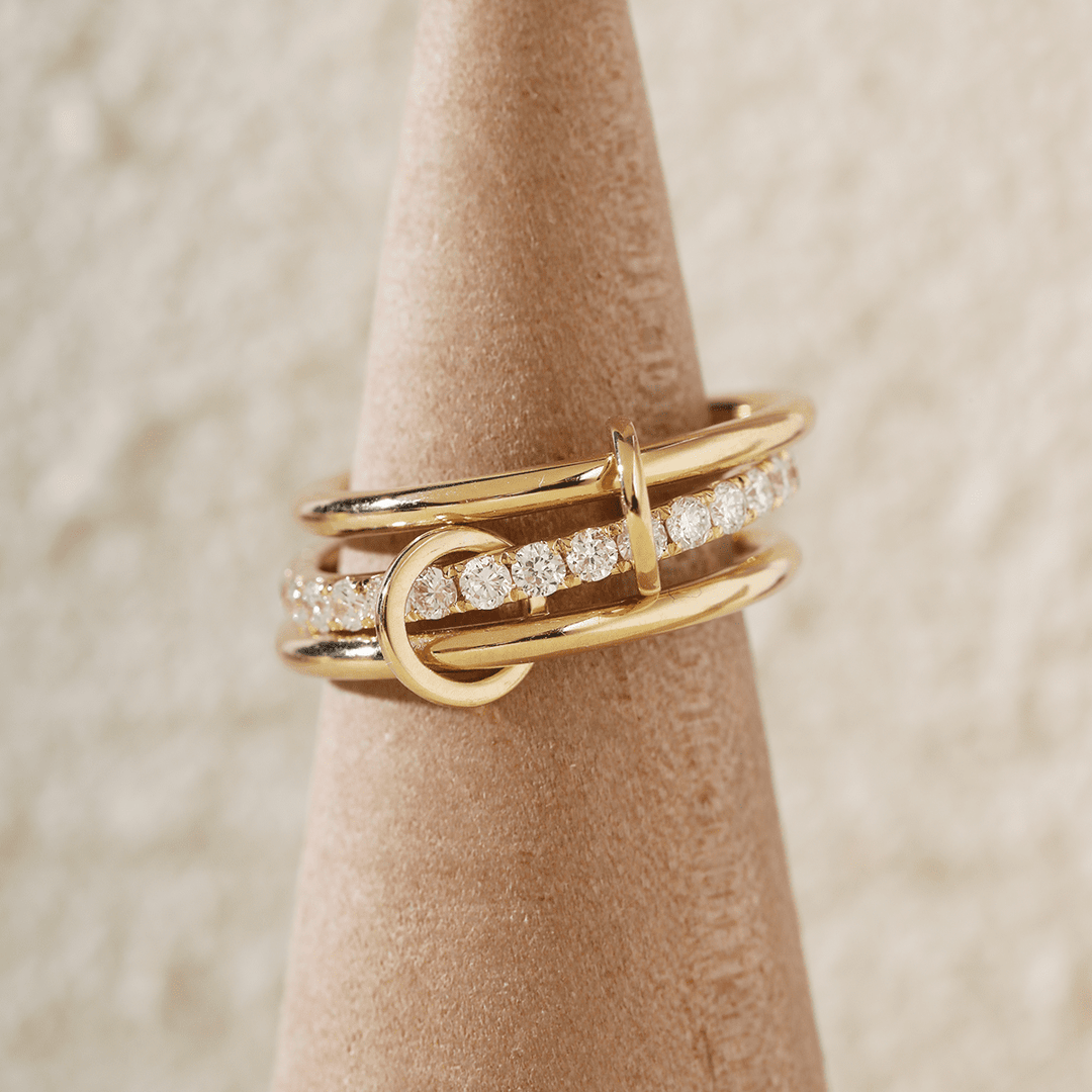 18K Yellow Gold Triple Link Stacking Ring with Round Lab Diamond Pave - FIORESE JEWELRY