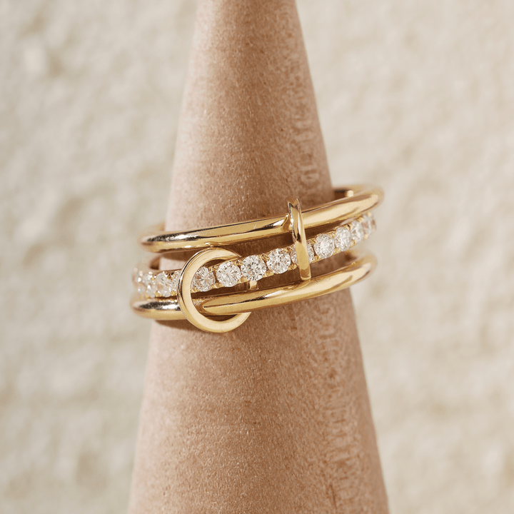18K Yellow Gold Triple Link Stacking Ring with Round Lab Diamond Pave - FIORESE JEWELRY