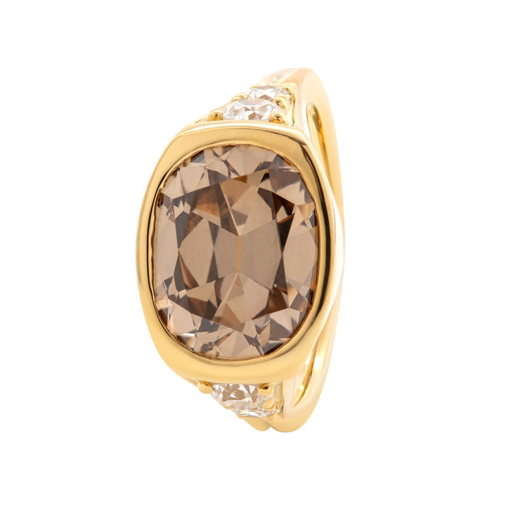 18K Yellow Gold Vintage Ring with 4.51ct Elongated Old Mine Cut Brown Lab Diamond and Old European Side Stones - FIORESE JEWELRY