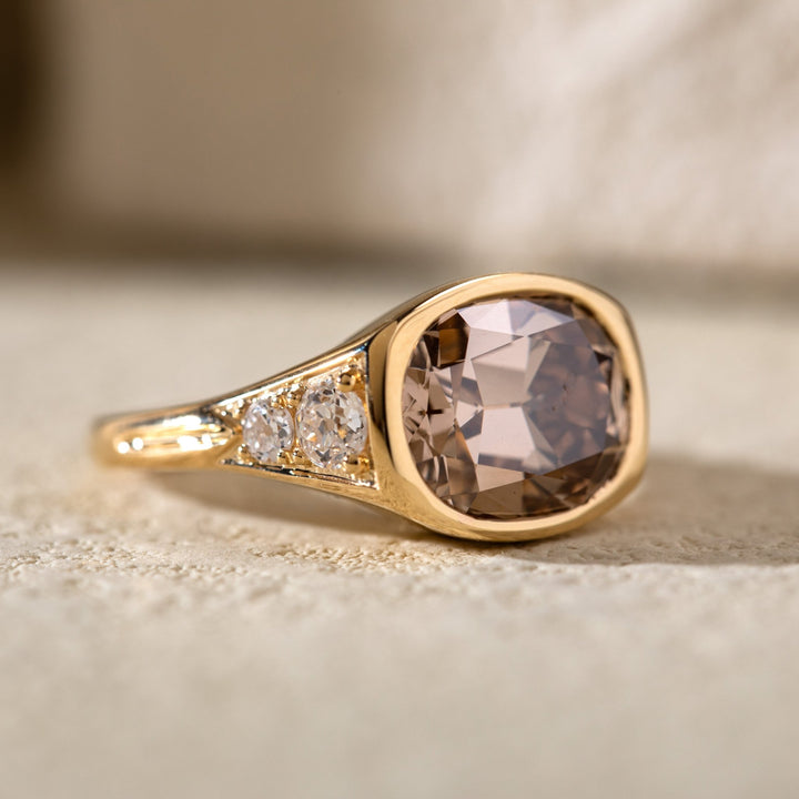 18K Yellow Gold Vintage Ring with 4.51ct Elongated Old Mine Cut Brown Lab Diamond and Old European Side Stones - FIORESE JEWELRY