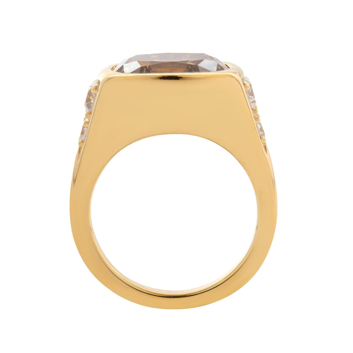 18K Yellow Gold Vintage Ring with 4.51ct Elongated Old Mine Cut Brown Lab Diamond and Old European Side Stones - FIORESE JEWELRY