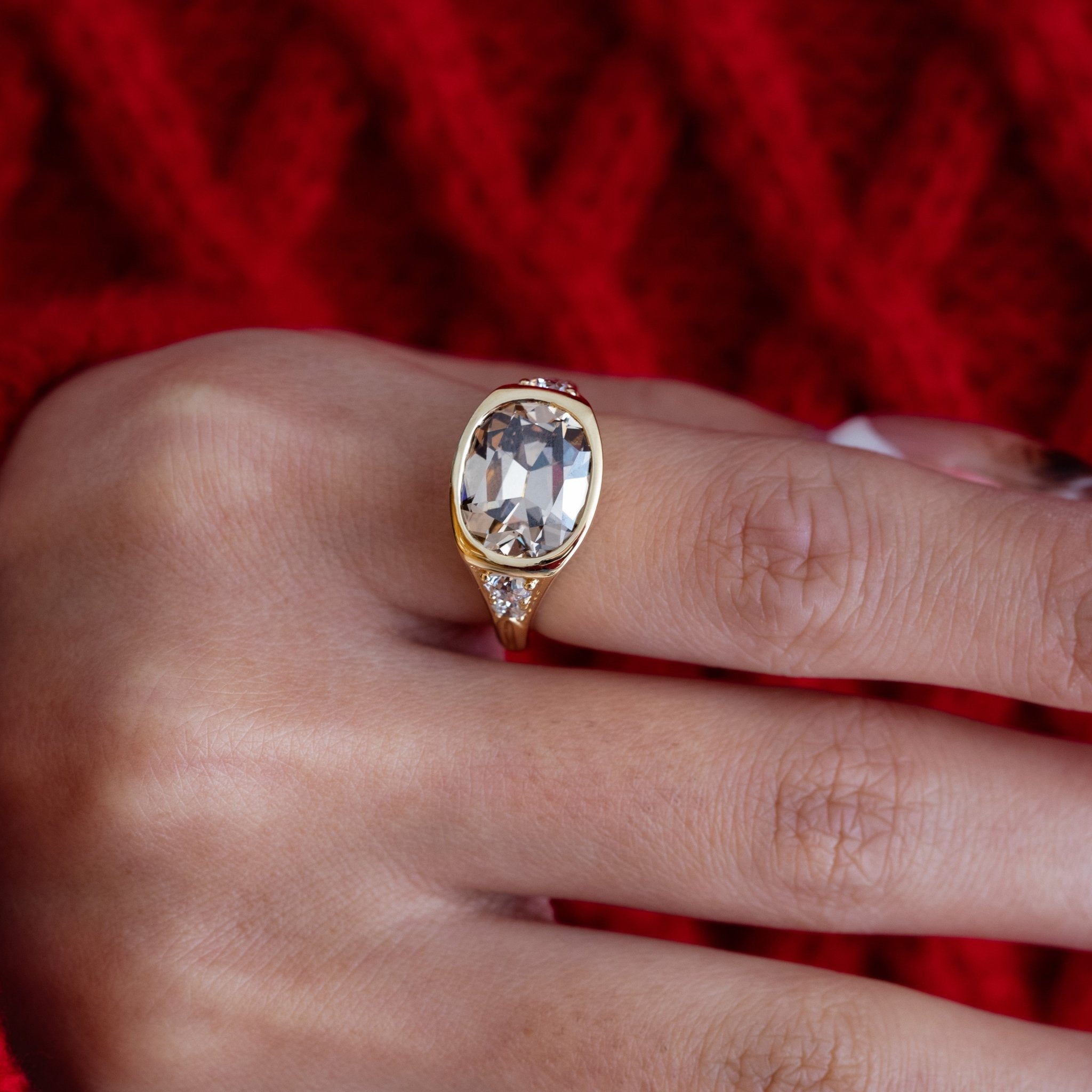 18K Yellow Gold Vintage Ring with 4.51ct Elongated Old Mine Cut Brown Lab Diamond and Old European Side Stones