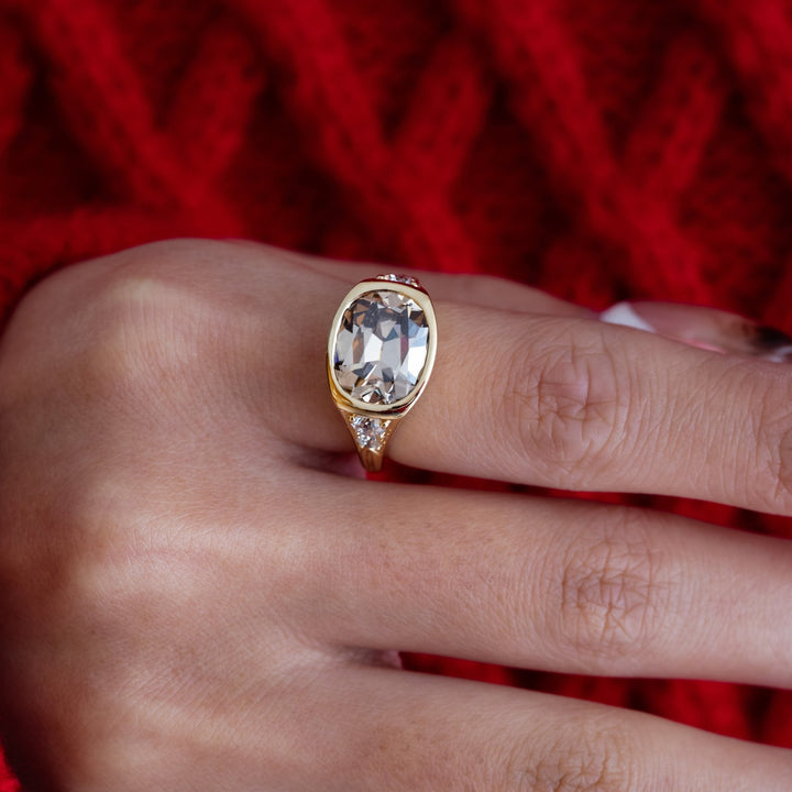 18K Yellow Gold Vintage Ring with 4.51ct Elongated Old Mine Cut Brown Lab Diamond and Old European Side Stones - FIORESE JEWELRY