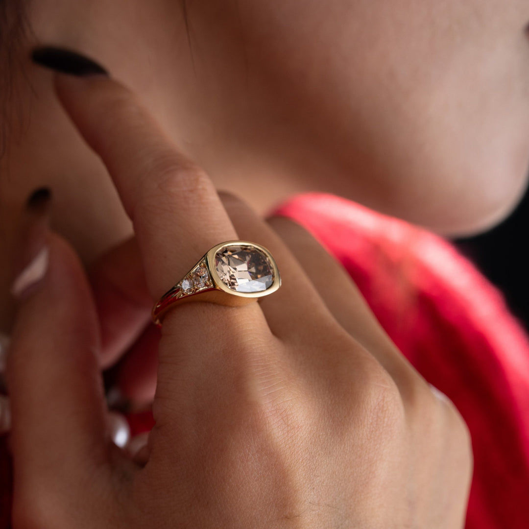 18K Yellow Gold Vintage Ring with 4.51ct Elongated Old Mine Cut Brown Lab Diamond and Old European Side Stones - FIORESE JEWELRY