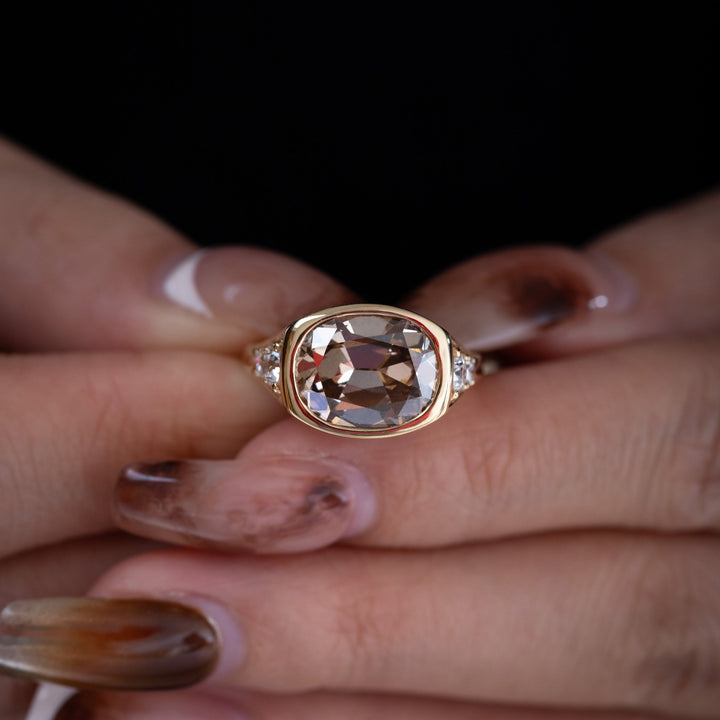 18K Yellow Gold Vintage Ring with 4.51ct Elongated Old Mine Cut Brown Lab Diamond and Old European Side Stones - FIORESE JEWELRY
