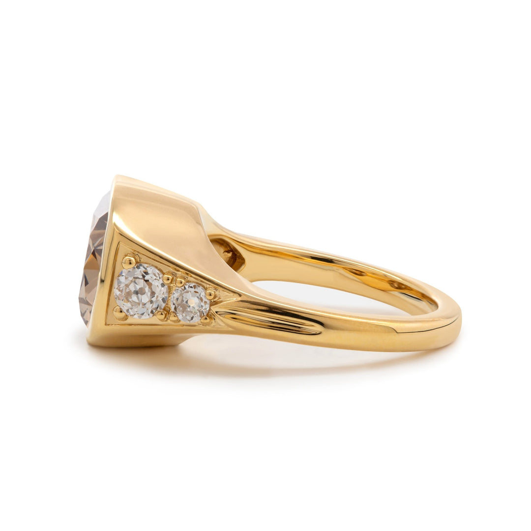 18K Yellow Gold Vintage Ring with 4.51ct Elongated Old Mine Cut Brown Lab Diamond and Old European Side Stones - FIORESE JEWELRY