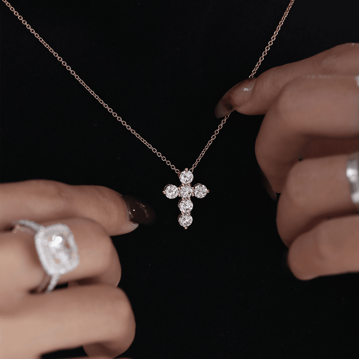 18K Yollow Gold Round Lab Diamond 6 - Stone Cross Pendant Necklace - FIORESE JEWELRY