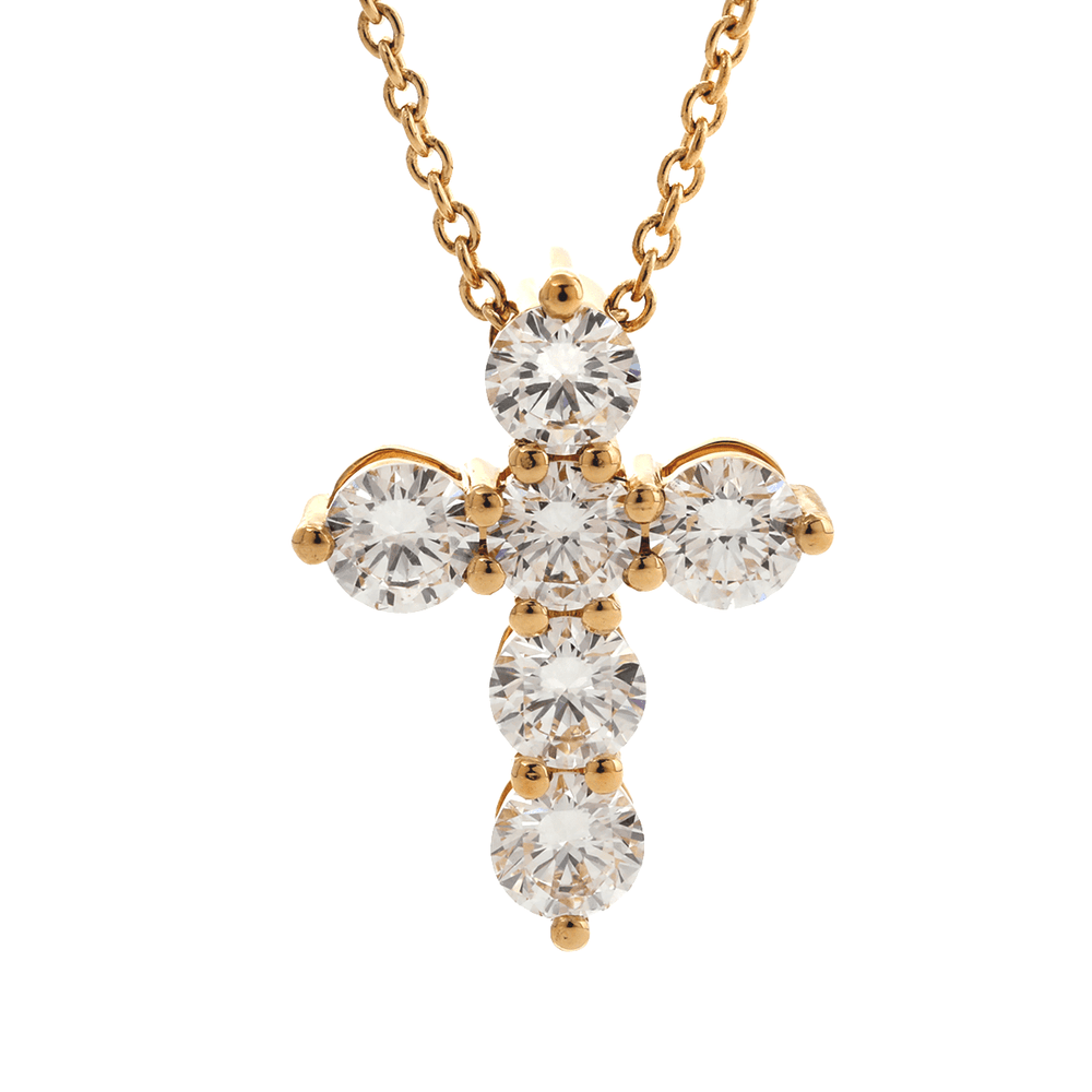 18K Yollow Gold Round Lab Diamond 6 - Stone Cross Pendant Necklace - FIORESE JEWELRY