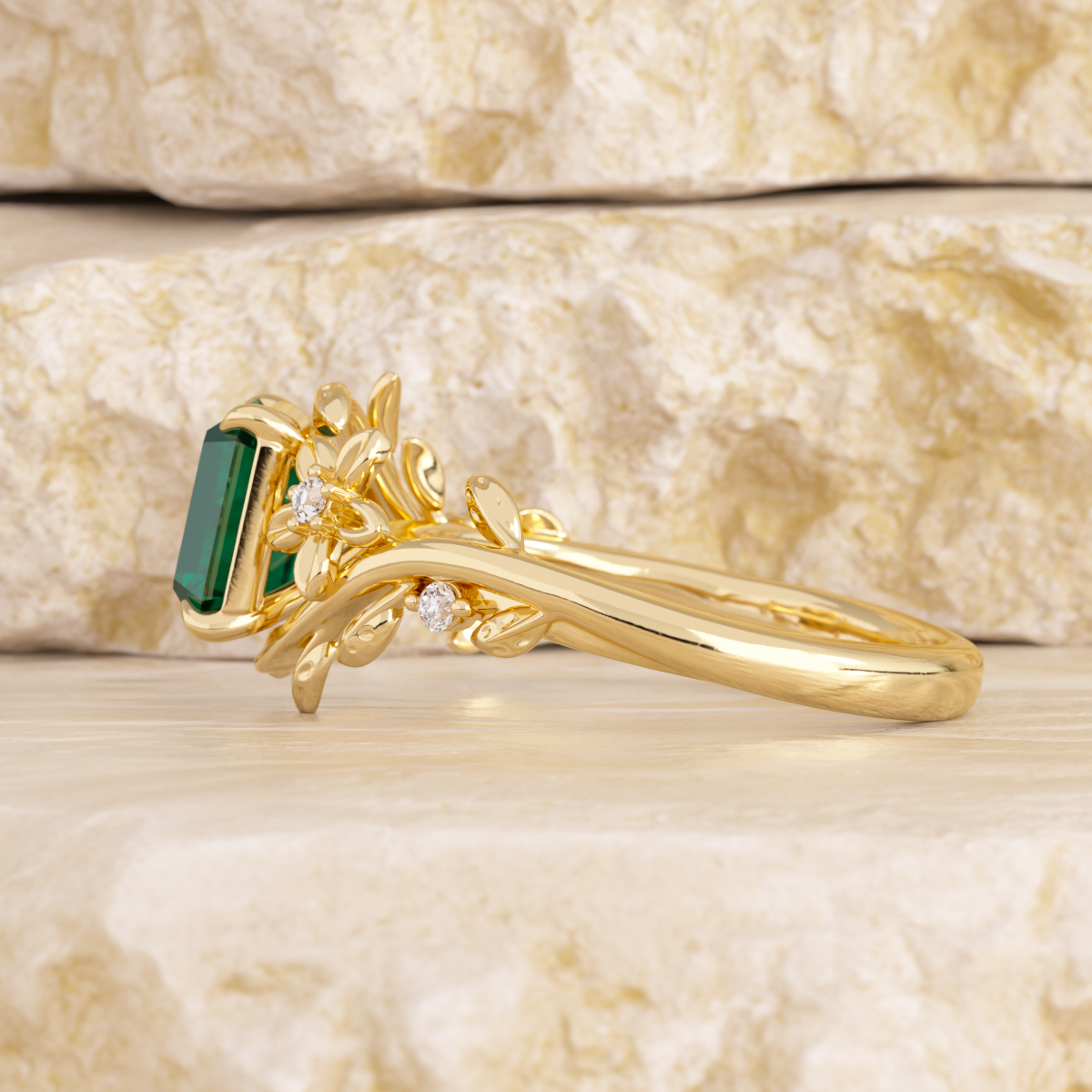 14K Yellow Gold 1ct Lab Emerald Art Nouveau Nature-Inspired Ring with Round Lab Diamond Side-stones