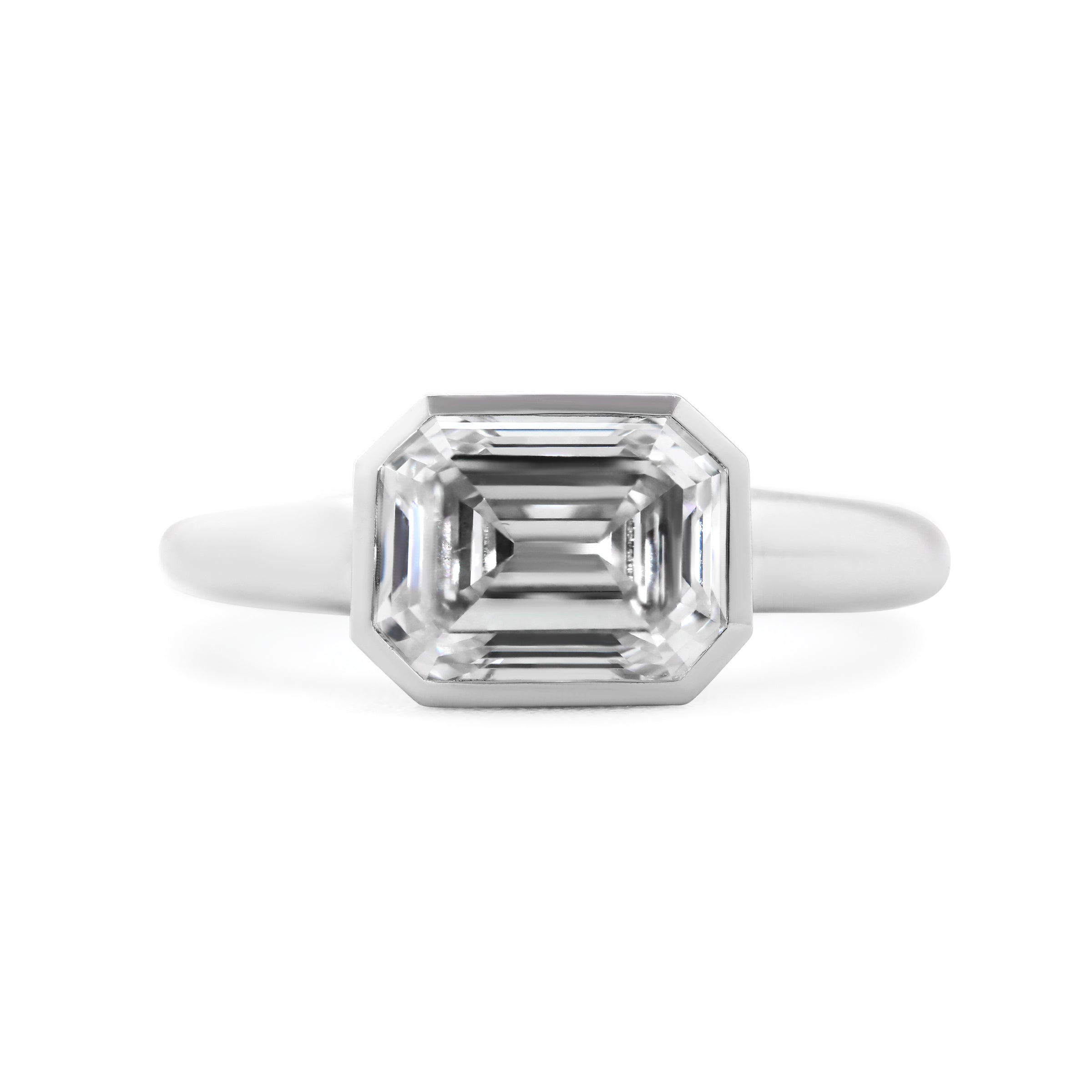 Platinum 3ct Antique Emerald Cut Lab Diamond Bezel Basket Solitaire Ring