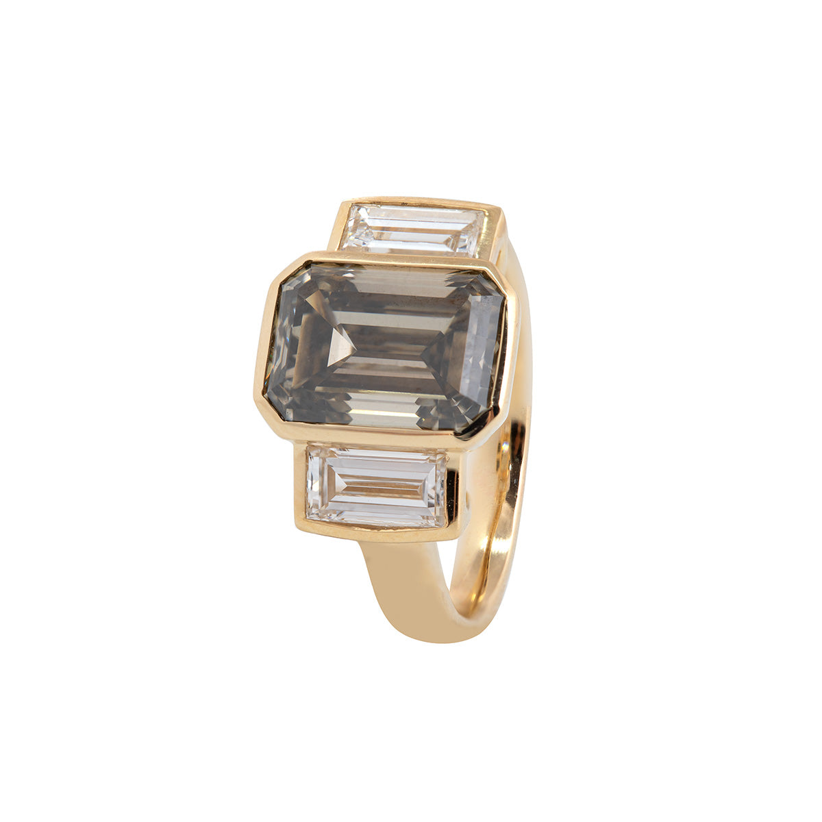 14K Yellow Gold 3.5ct Emerald Cut Brown Lab Diamond Three-stone Bezel Ring with Two Baguette Cut Lab Diamonds