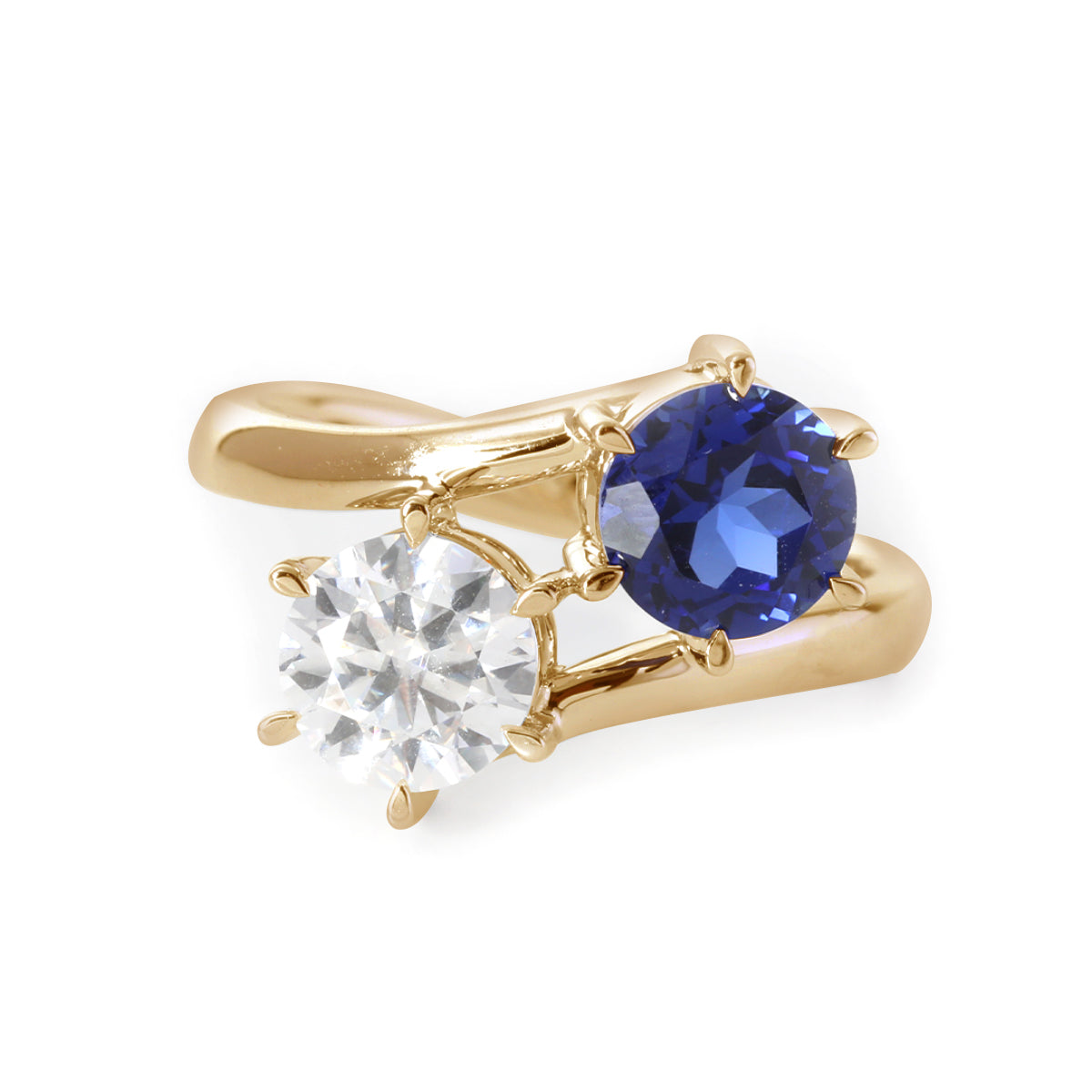 14K White Gold Round Cut Lab Diamond & Lab Sapphire Toi et Moi Ring