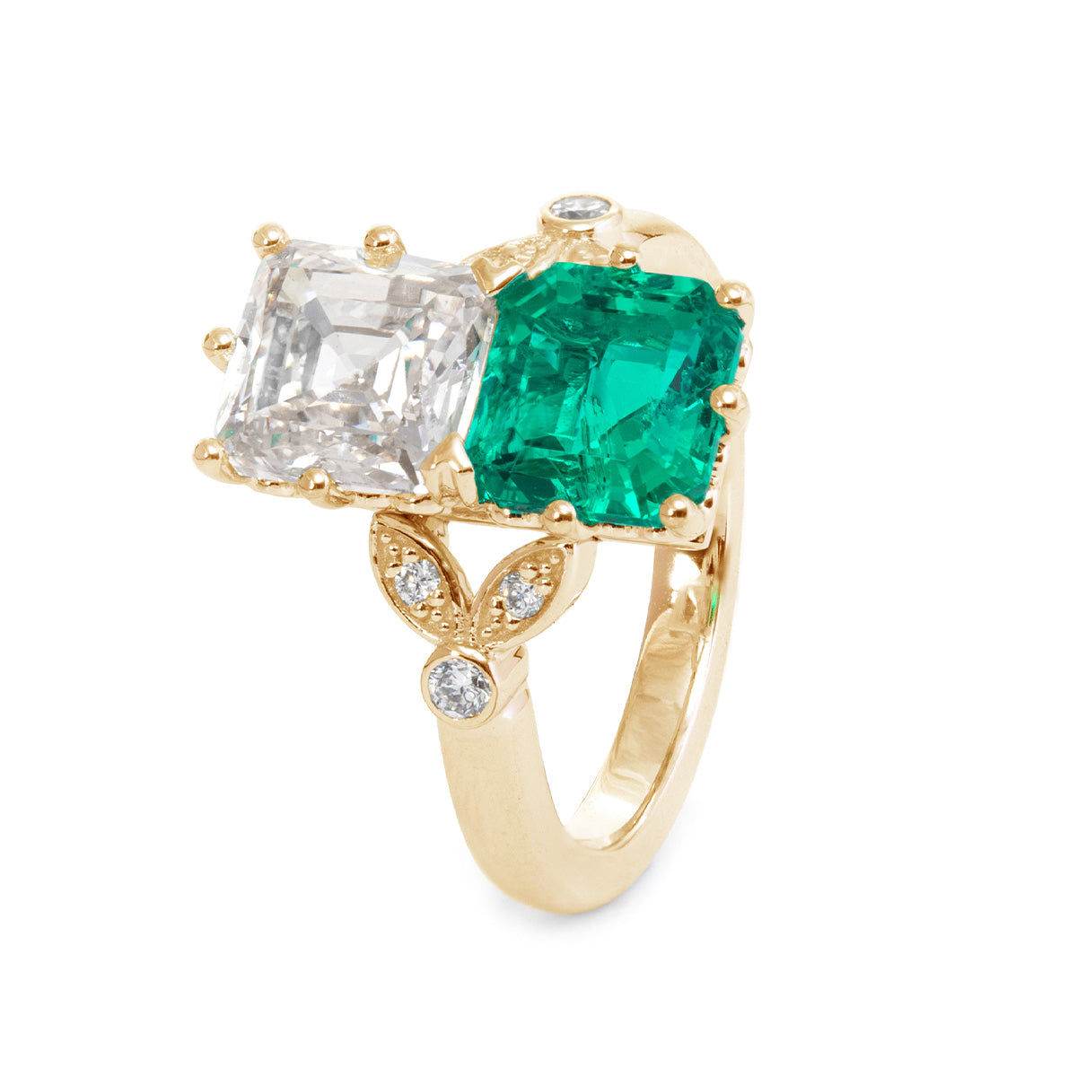 18K White Gold Asscher Cut Lab Emerald & Lab Diamond Toi et Moi Side-stone Cocktail Ring