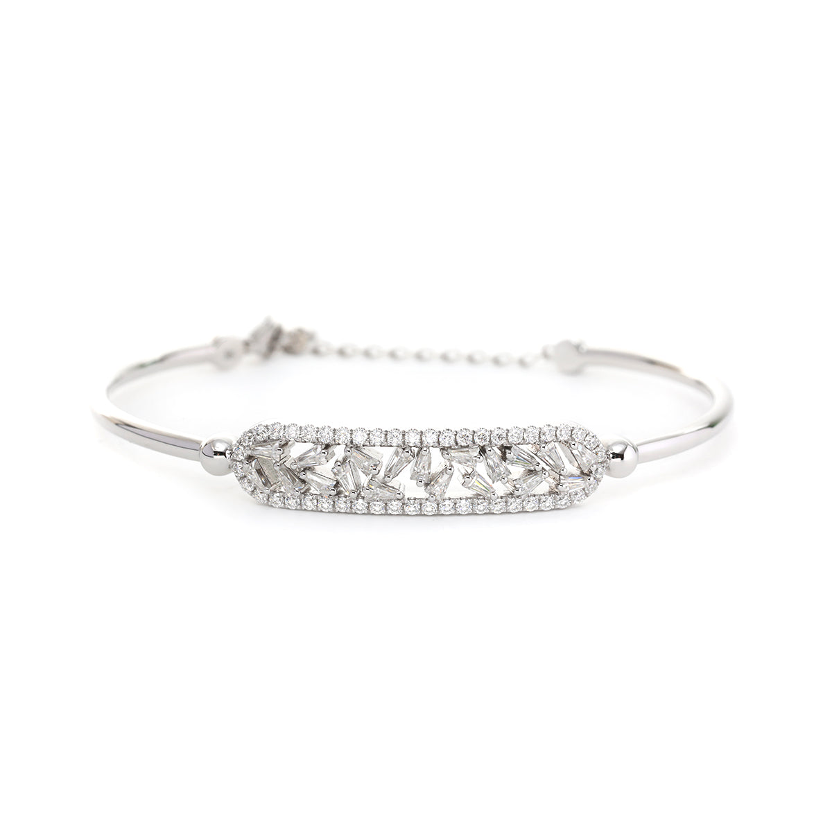 14K White Gold Cuff Bangle Bracelet with Tapered Baguette Cut and Round Cut Diamonds