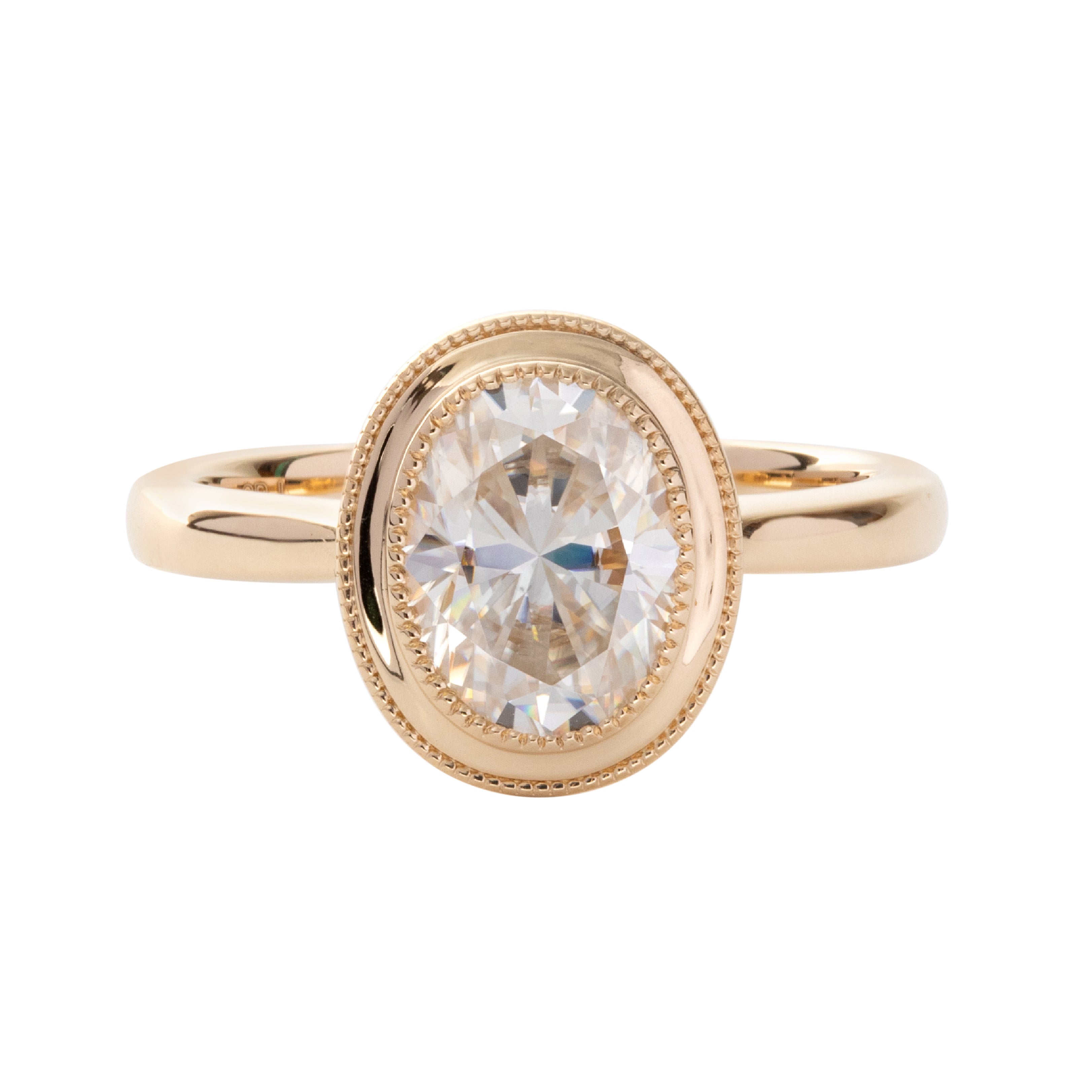 14K Yellow Gold Oval Cut Lab Diamond Millegrain Bezel Basket Solitaire Ring