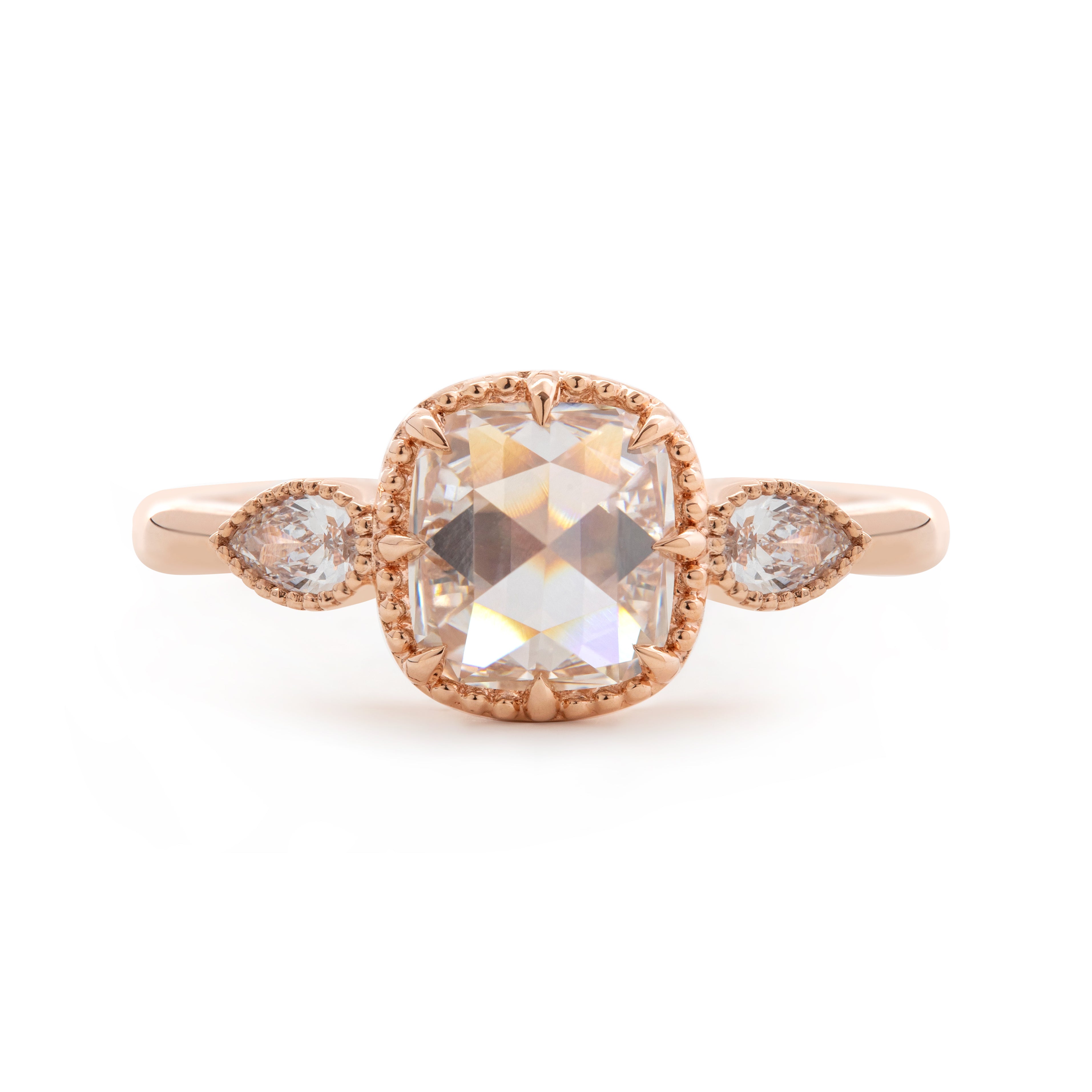 14K Rose Gold 1.5ct Cushion Rose Cut Lab Diamond Millegrain Bezel Three-stone Ring with Pear Shaped Side-stone Design