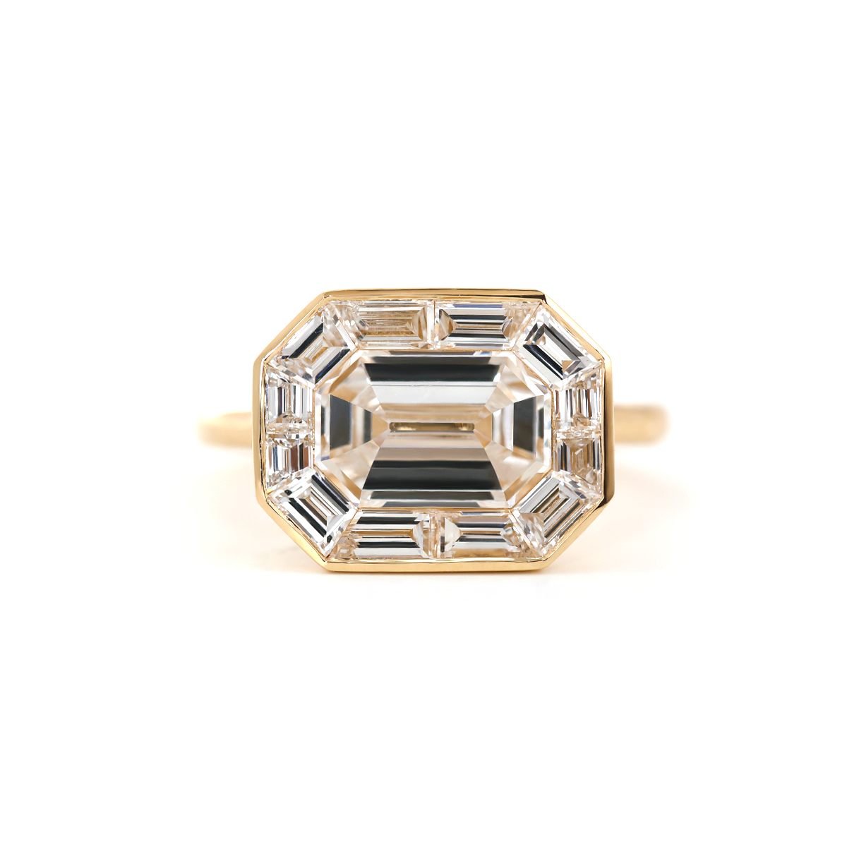 14K Yellow Gold 2.5ct Antique Emerald Cut Lab Diamond Ring with Tapered Step Cut Lab Diamond Halo