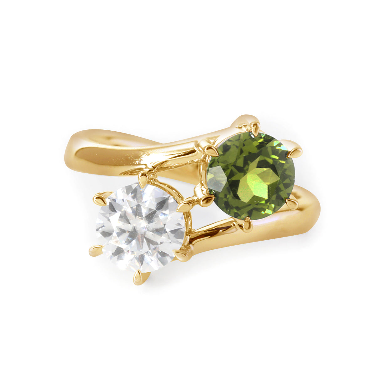 18K White Gold Round Cut Lab Diamond & Peridot Toi et Moi Ring