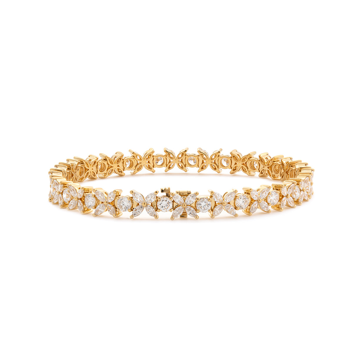 18K Yellow Gold Marquise Cut & Round Cut Lab Diamond Floral Tennis Bracelet