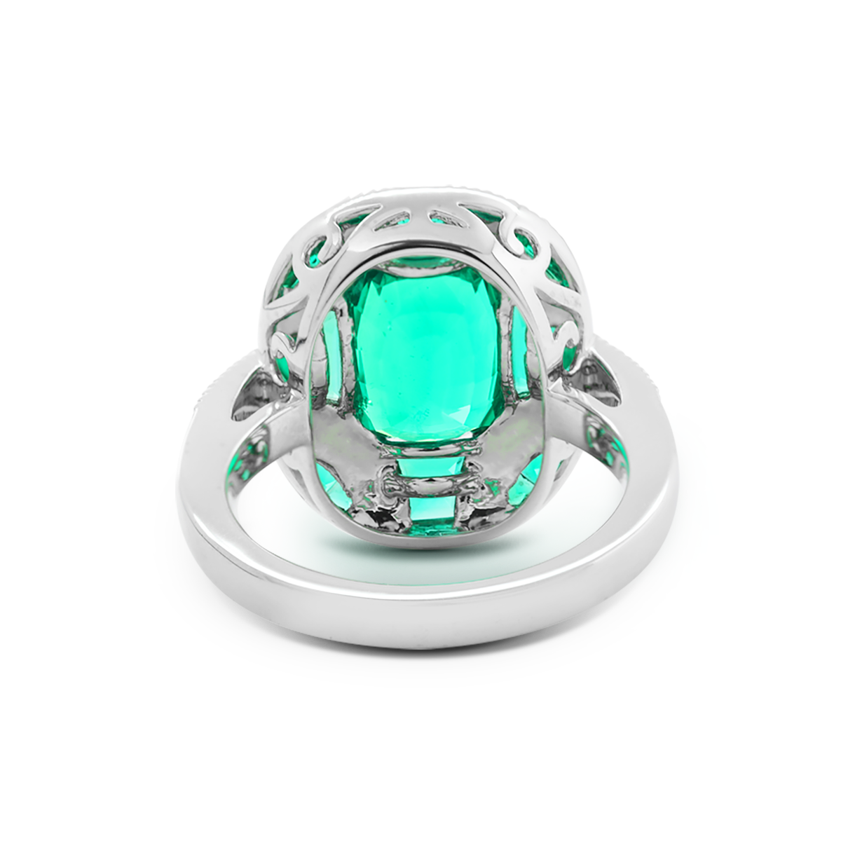 18K White Gold 2ct Cushion Lab Columbian Emerald Millegrain Invisible Setting Vintage Ring with Round Lab Diamond and Mixed Cut Lab Columbian Emerald Side-stones Monthly Deals