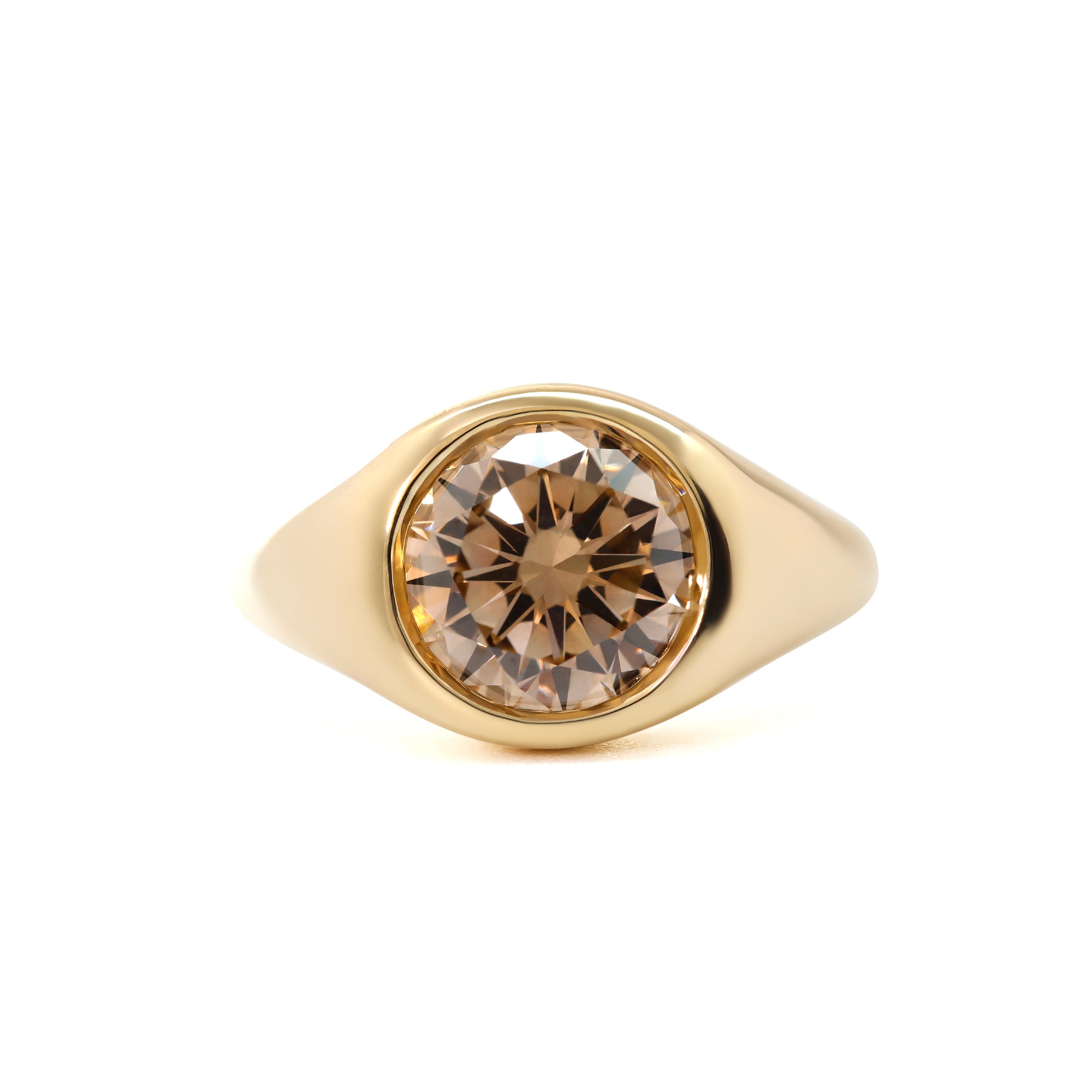 Round Brown Lab Diamond Solitaire Ring Inspired by Pantone 2025 "Mocha Mousse", with Bezel Setting and Tapered Band
