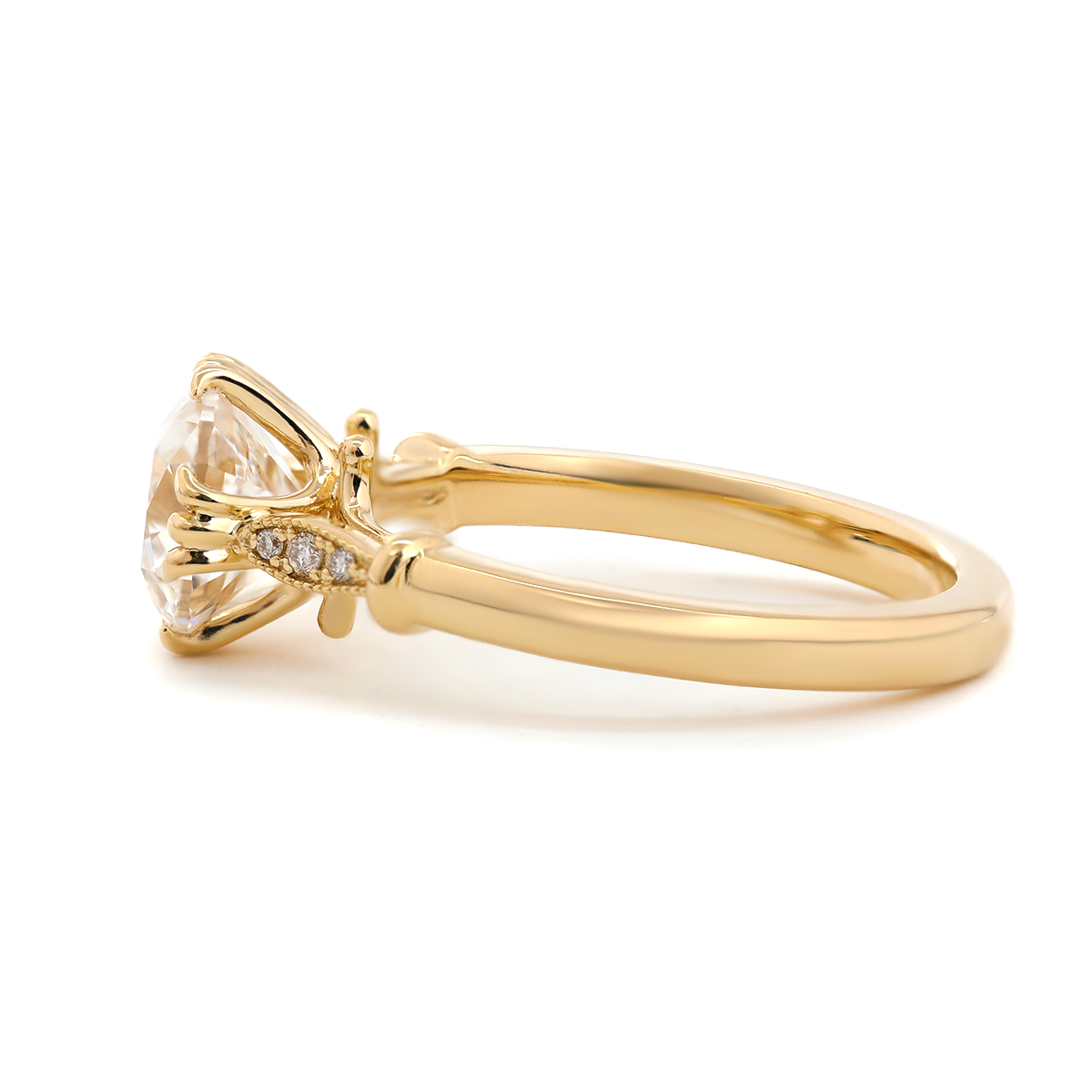 14K Yellow Gold 1.5ct Old Mine Cut Lab Grown Diamond Triple Prong Floral Basket Setting Vintage Ring – Art Nouveau Nature-Inspired Design