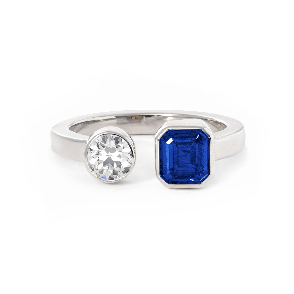 14K Rose Gold Emerald Cut Lab Sapphire and Old European Cut Lab Diamond Toi et Moi Ring