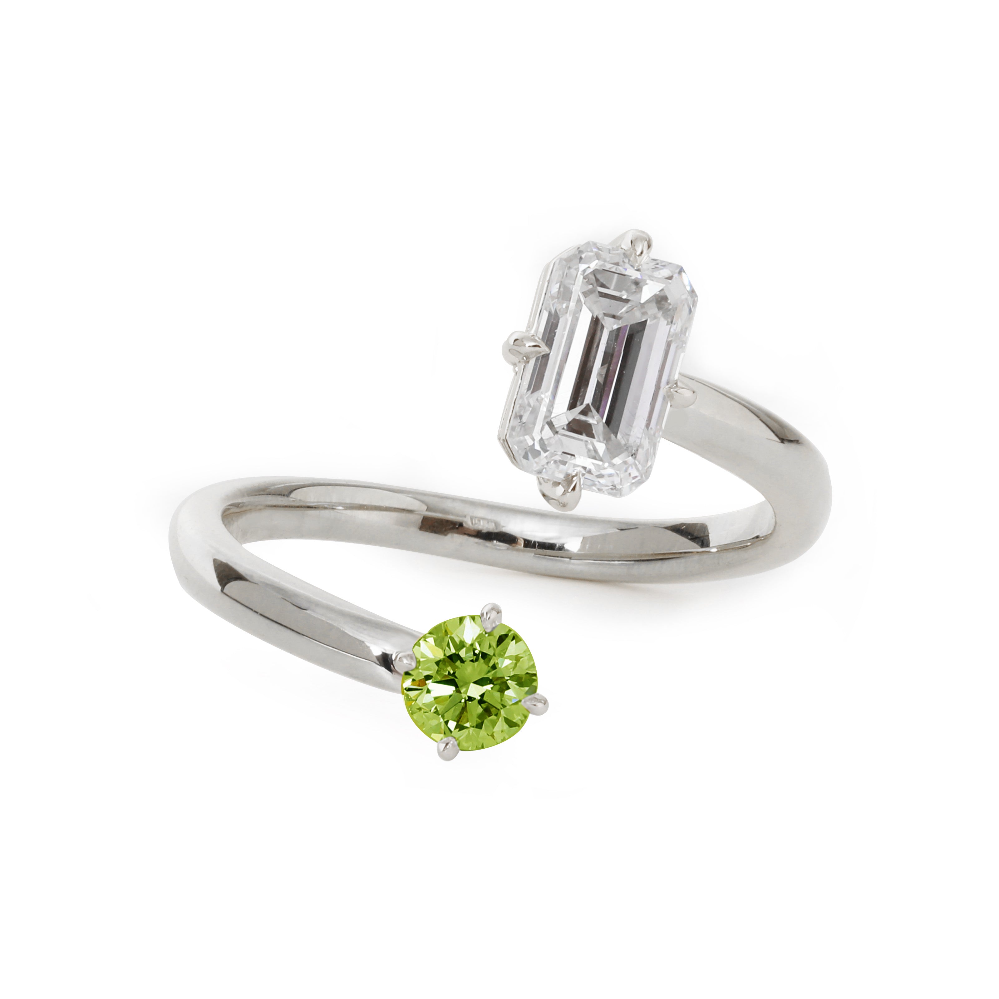 14K Yellow Gold Emerald Cut Lab Diamond & Round Peridot Toi et Moi Ring