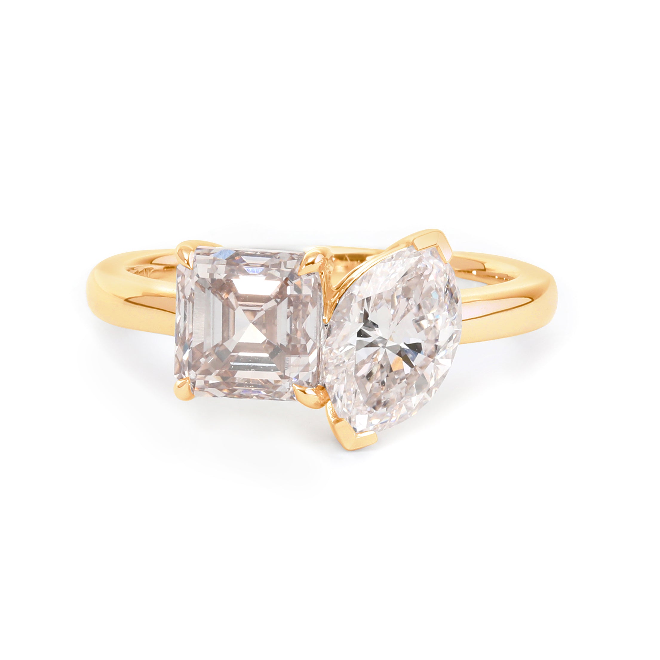 14K Yellow Gold Marquise Cut and Asscher Cut Lab Diamond Toi et Moi Ring