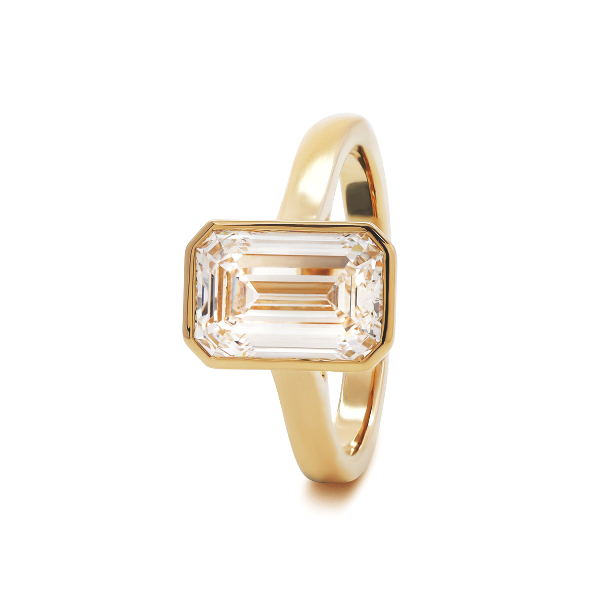 14K Yellow Gold 3ct Emerald Cut Lab DIamond Bezel Solitaire Ring