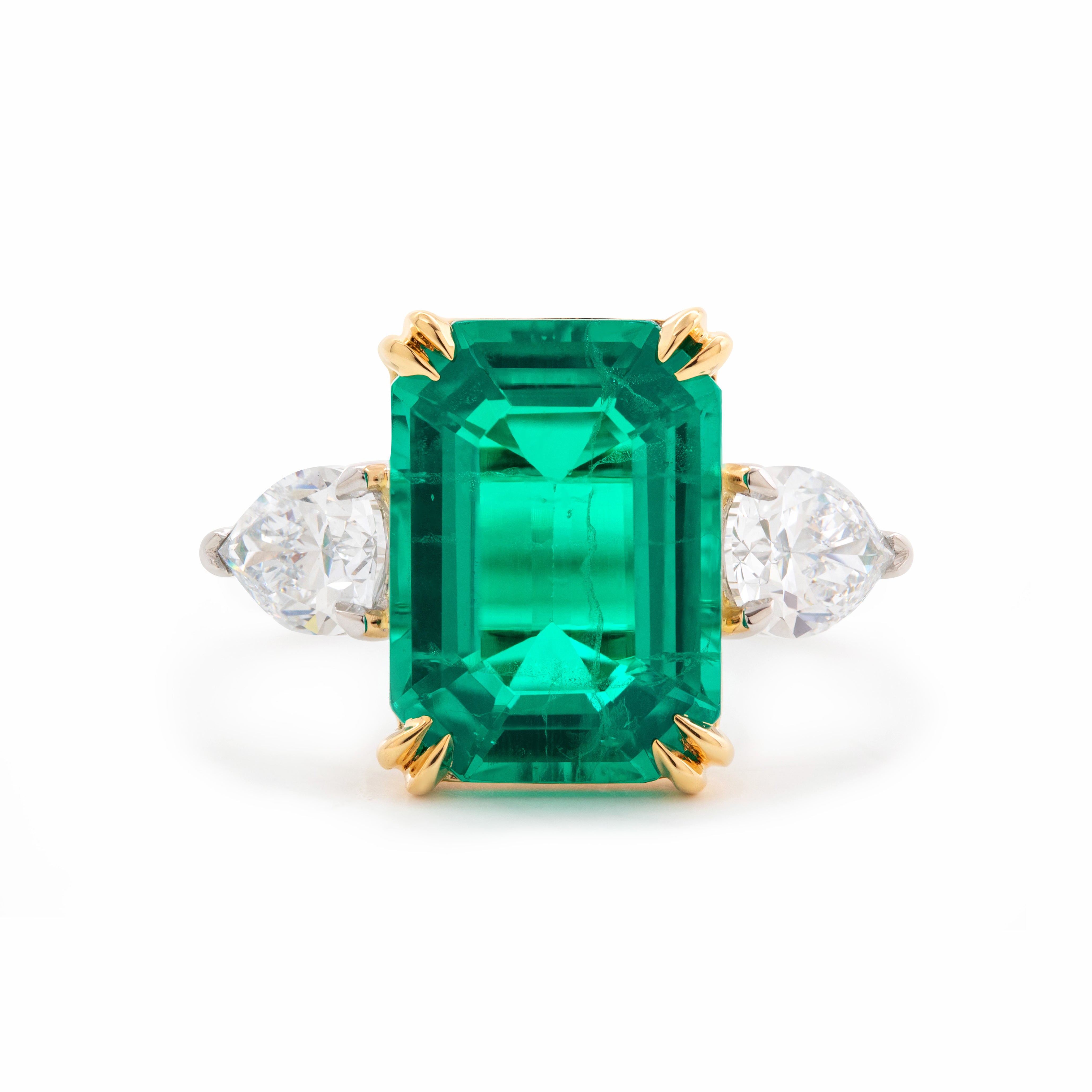 18K White and Yellow Gold 6ct Lab Emerald Three Stone Ring with Pear Cut Lab Diamond Side-stone