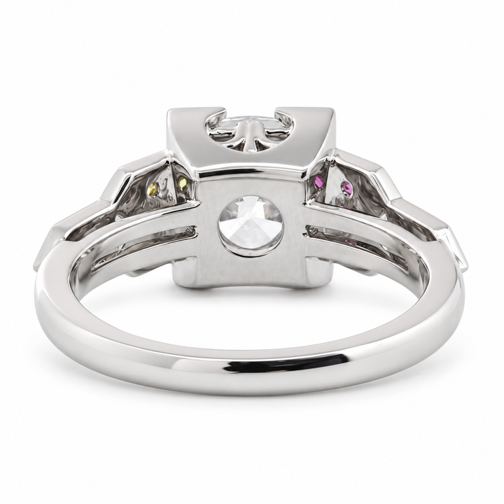 OMC Diamond Millegrain Ring with Fancy Color Gem Side Stones