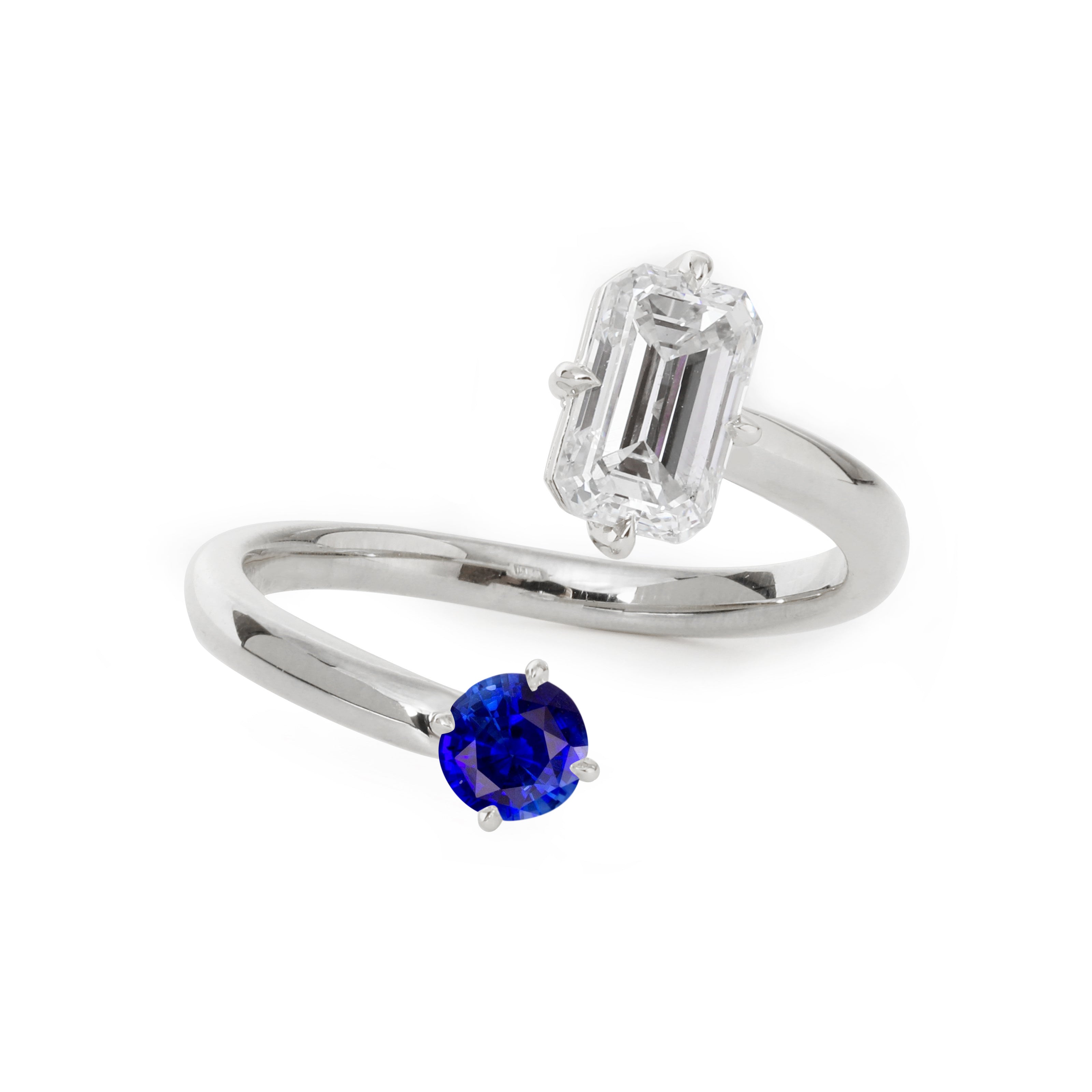 14K Yellow Gold Emerald Cut Lab Diamond & Round Lab Sapphire Toi et Moi Ring