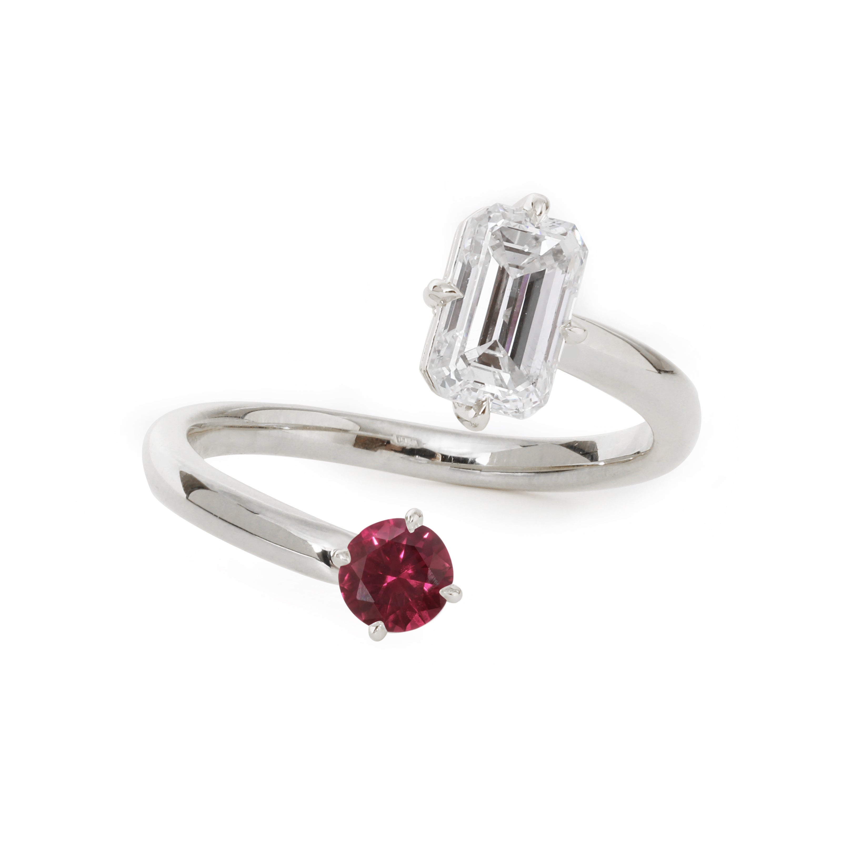 14K Yellow Gold Emerald Cut Lab Diamond & Round Lab Ruby Toi et Moi Ring