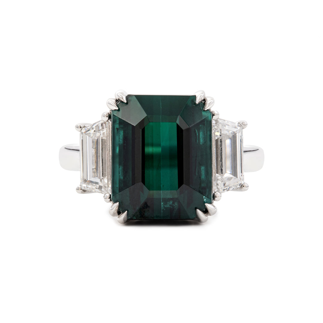 Platinum 9.4ct Verdelite Green Tourmaline Three-stone Ring with Step Cut Trapezoid Lab Diamond Side-stones