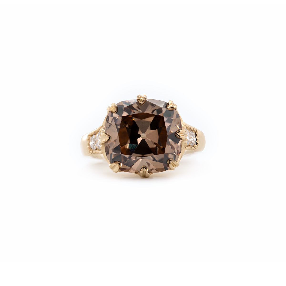 14K Gold 7.15ct Cushion Old Mine Cut Brown Lab Diamond Ring with Round Cut Lab Diamond Side-stone