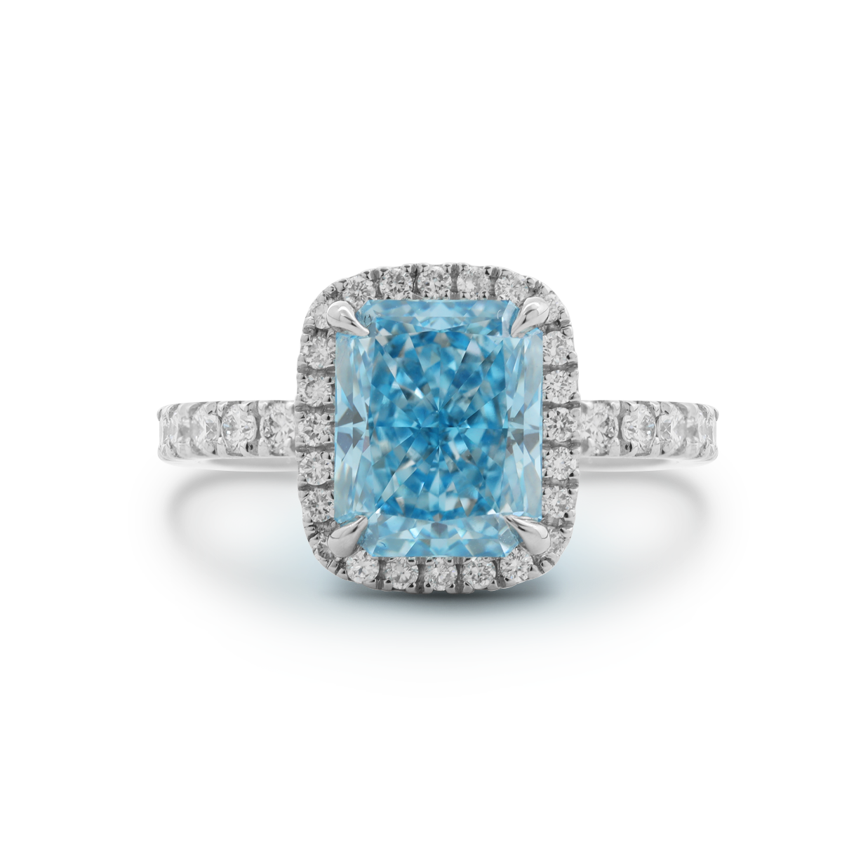 Platinum 2.5ct Radiant Cut Blue Lab Diamond Ring with Round Lab Diamond Halo and U-shape Pave