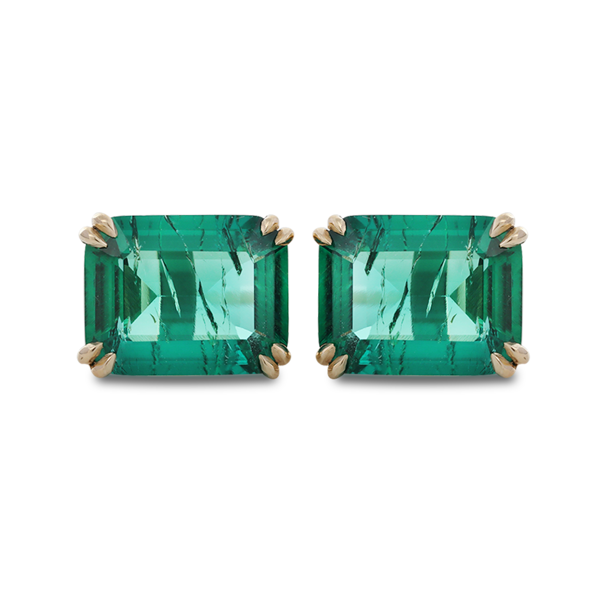 14K Yellow Gold 3.5 ct tw Zambian Lab Emerald Double Claw Prong Basket Stud Earrings