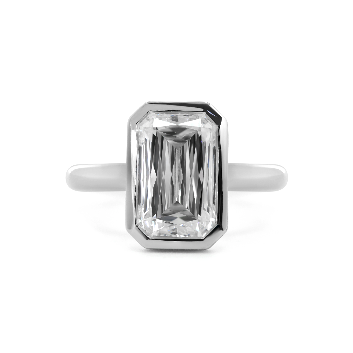 14K White Gold 3ct Criss Cut Bezel Ring with Round Lab Diamond Hidden Halo