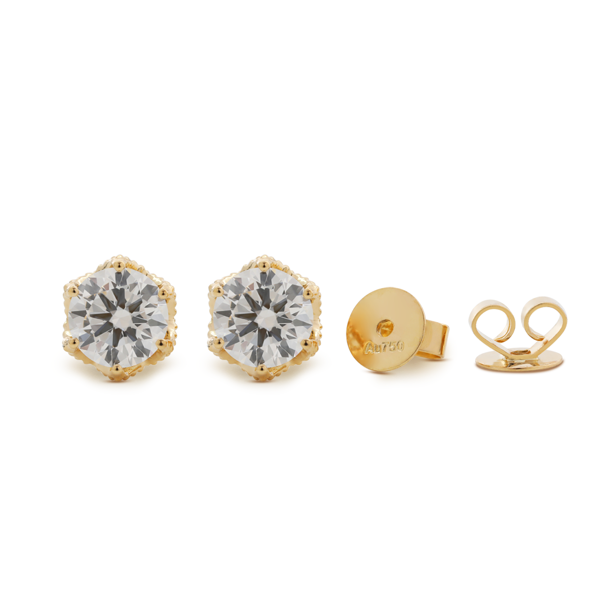 18K Yellow Gold 2 ct tw Round Cut Lab Diamond Millegrain Floral Basket Stud Earrings