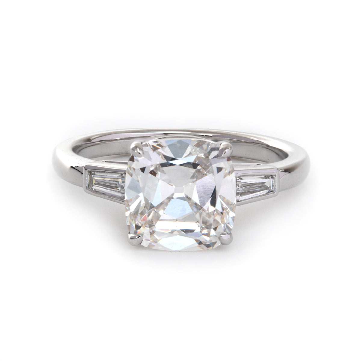 14K White Gold 3ct Old Mine Cut Diamond Tapered Three-Stone Ring