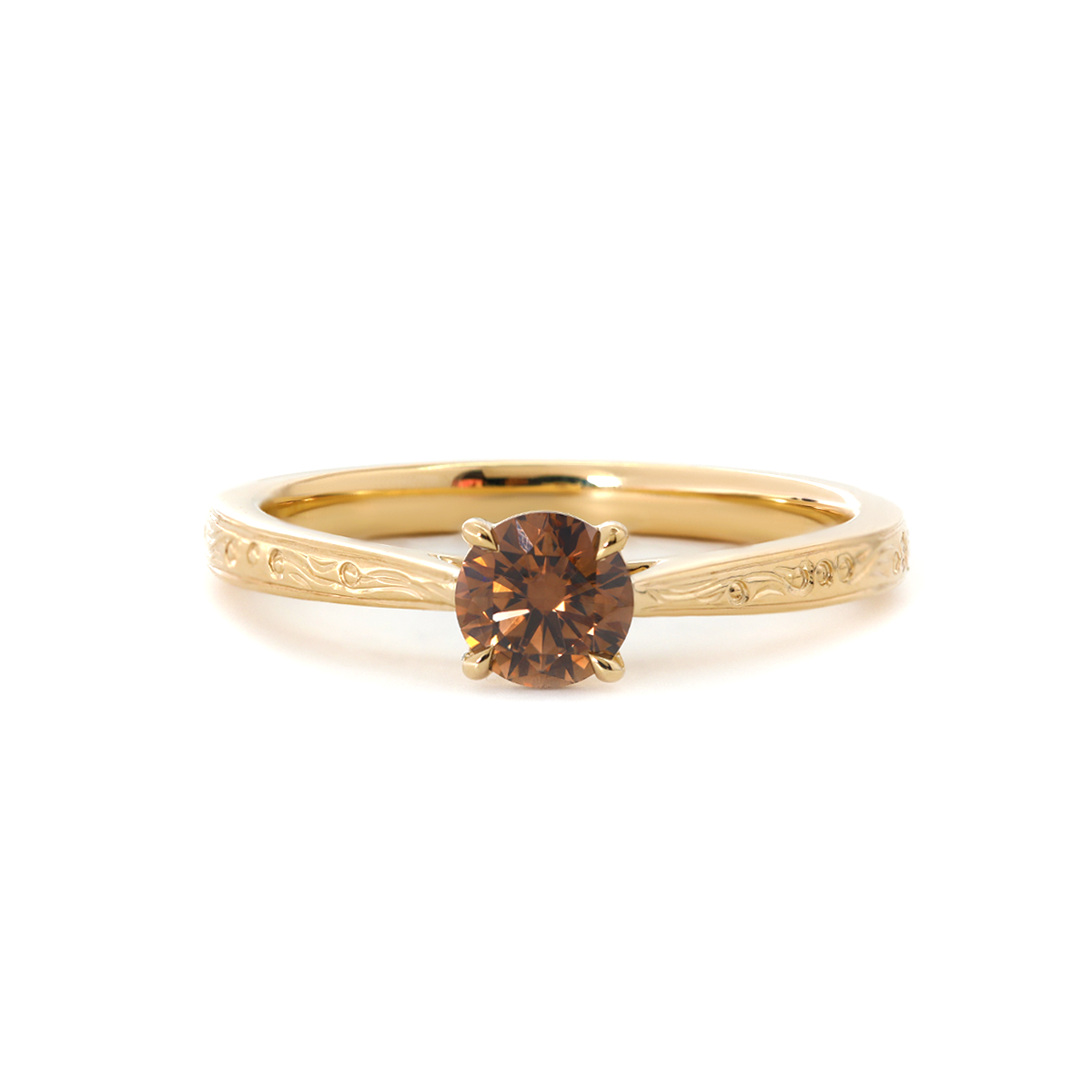 14K Yellow Gold Brown Round Cut Lab Diamond 4 Claw Prong Cathedral Setting Solitaire Ring with Floral Engraving