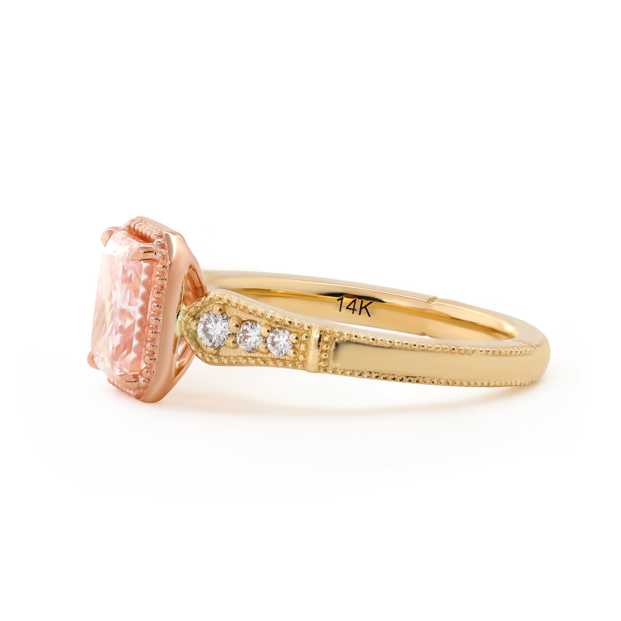 14K Yellow and Rose Gold 1.5ct Radiant Cut Pink Lab Diamond Millegrain Vintage Design Ring with Round Lab Diamond Side-stone