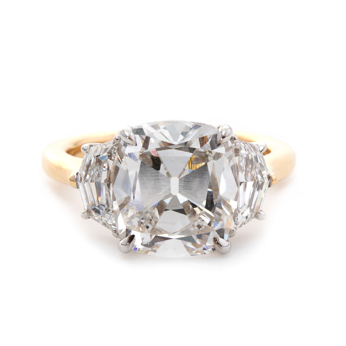 18K White Gold & Yellow Gold 4.5ct Old Mine Cut & Step cut Eldorado Lab Diamond Three Stone Ring