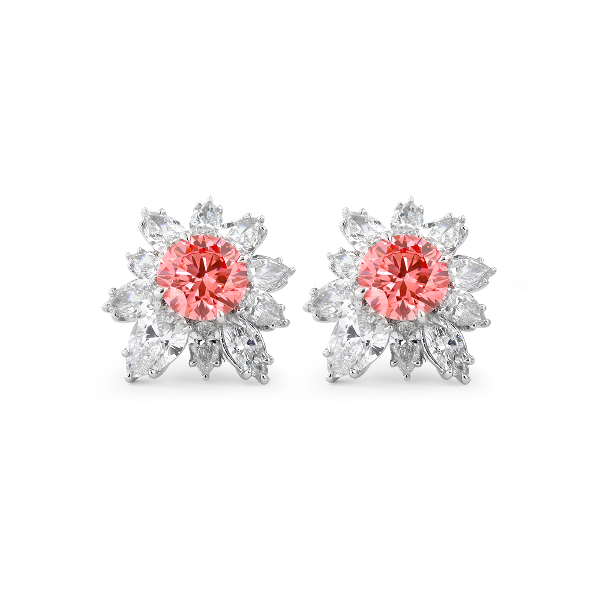 Platinum 2 ct tw Pink Round Cut Lab Dimaond Floral Nature-Inspired Stud Earrings